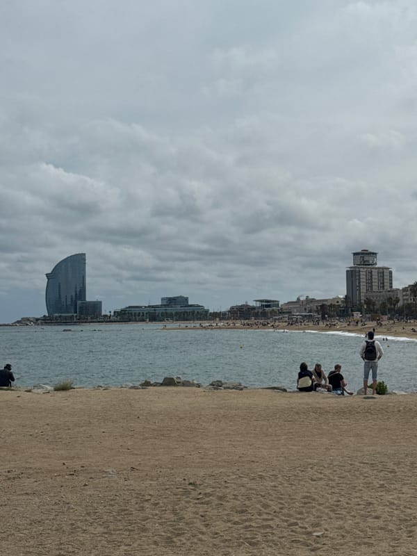 Barcelona beachfront activity captured during cloudy afternoon workout session