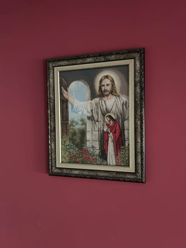 Witness Documents Home Interior with Religious Art and Pet