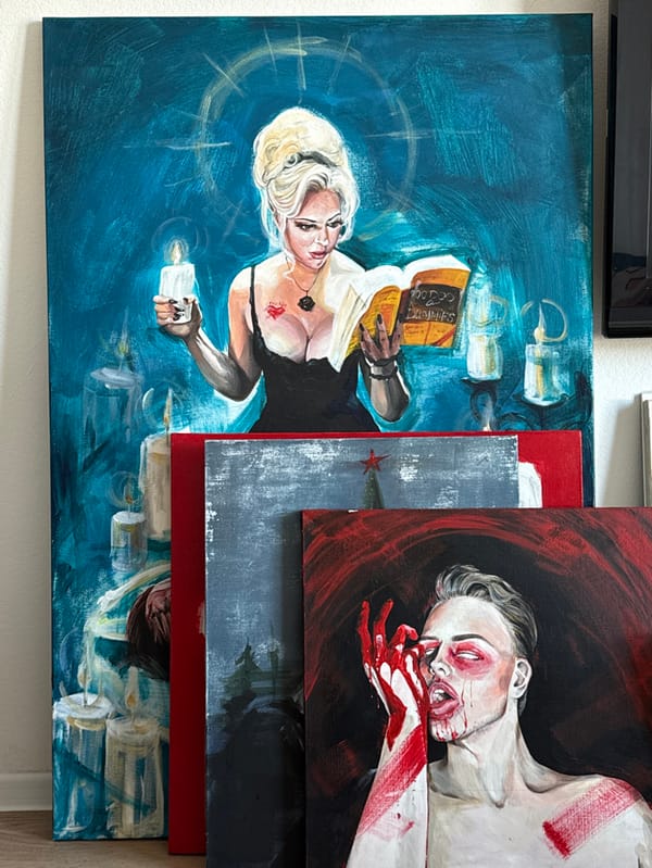 Moscow resident documents home art studio with paintings, plants, cat