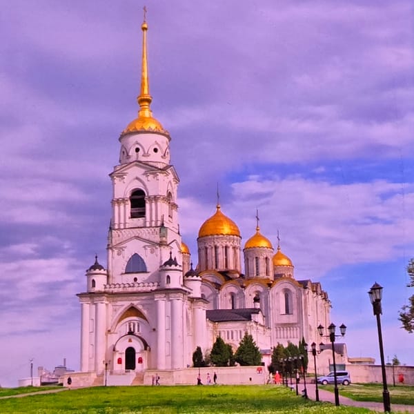 Vladimir's iconic Assumption Cathedral, white stone and golden domes