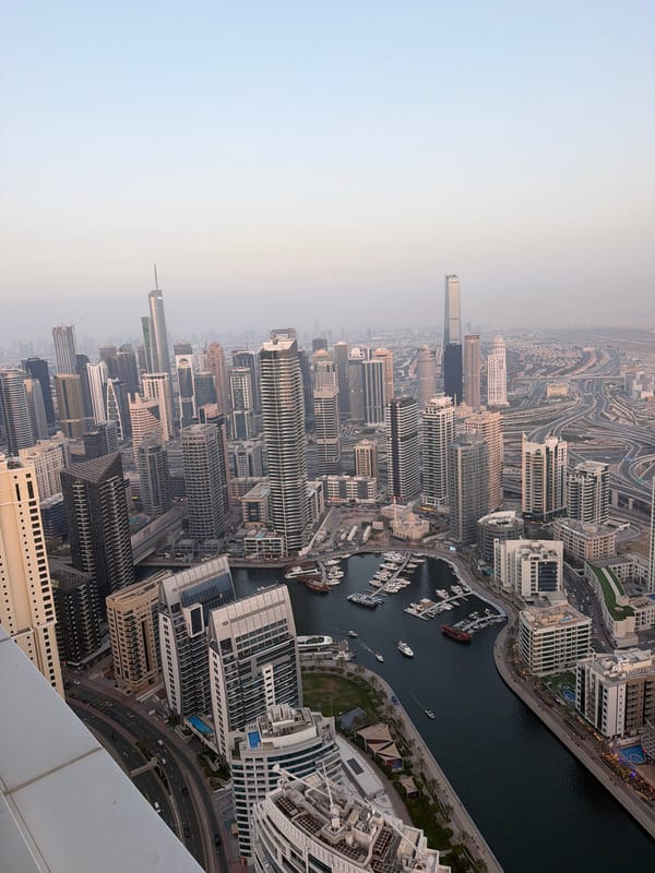 Tourist documents Dubai visit with selfies and aerial cityscape photography