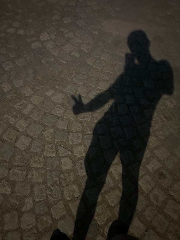 Person photographed on cobblestone street in Gorna Malina, Bulgaria