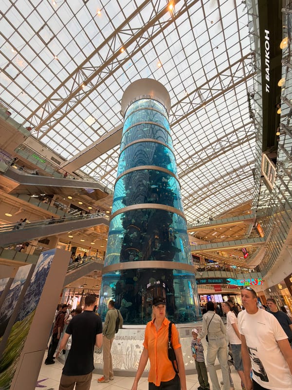 Mall aquarium, glass towers, and street parking on a July afternoon
