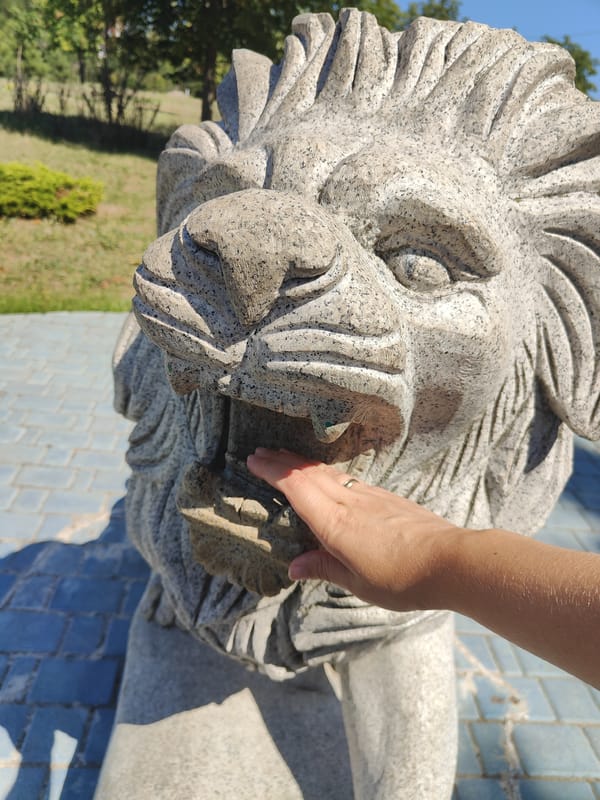 Exploring a park's stone lion sculpture and telescope