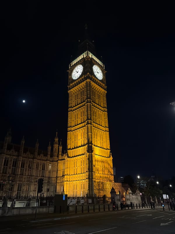 Nighttime Big Ben observations capture illuminated Westminster landmark