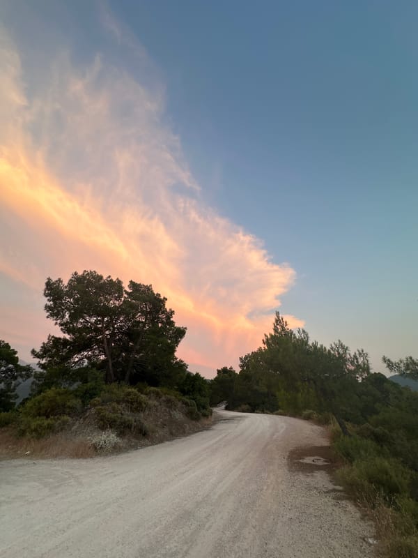 Rural dirt road captured near Fethiye under evening skies