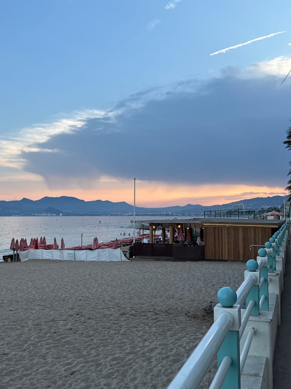 Cannes beachfront at golden hour, Promenade de la Croisette