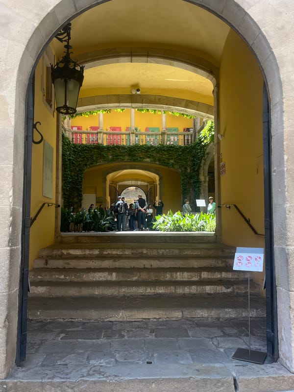 Tourist explores Barcelona's Gothic Quarter, documents historic architecture