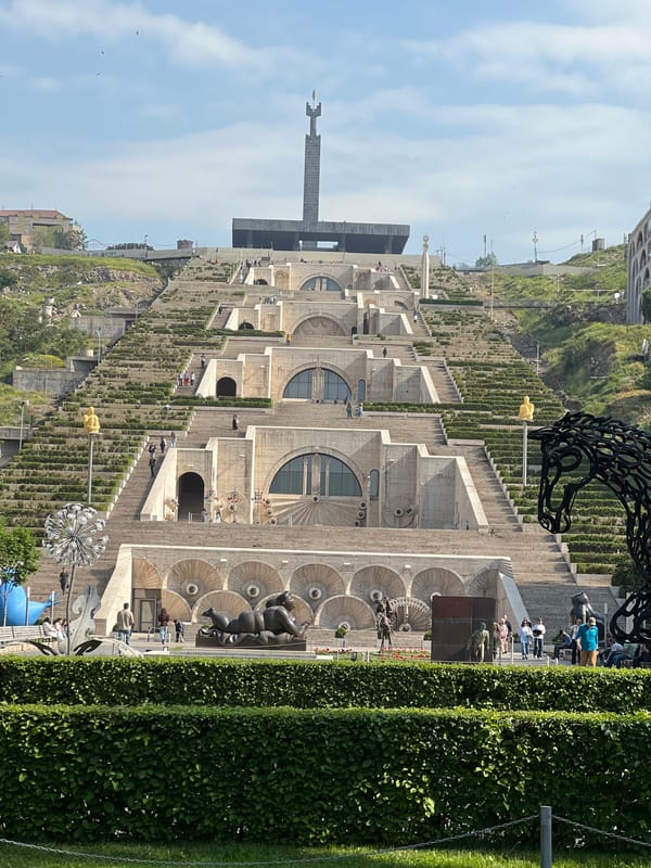 Morning visitors explore Yerevan Cascade's sculptures and architecture