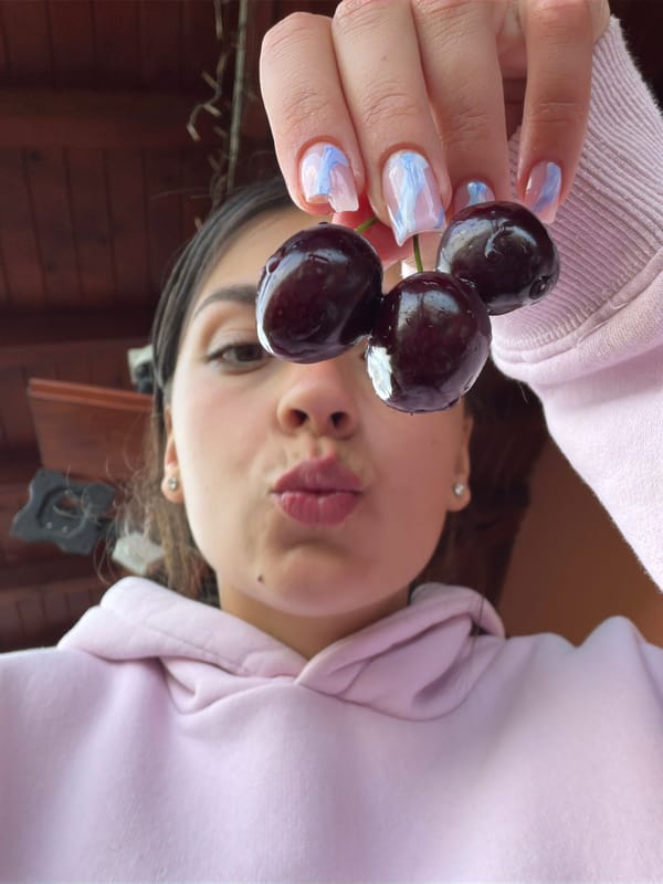 Casual outdoor meal shared in Bulgarian village features cherries, grilled food