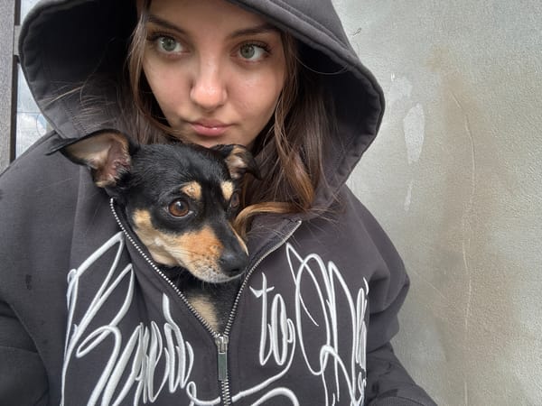 Woman carries small dog in hoodie in Sliven