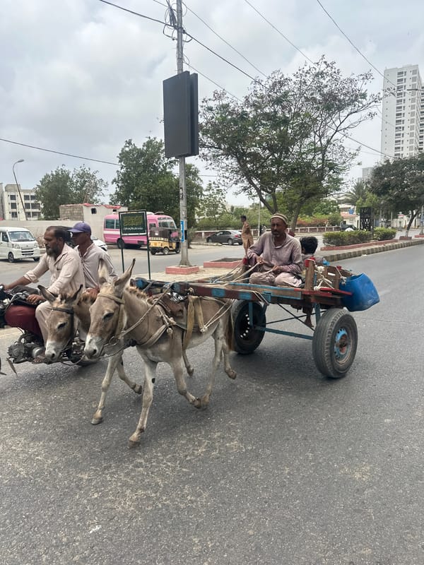 Motorcycle tows a donkey cart through Karachi streets