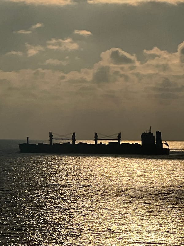 Cargo ship crosses golden-lit ocean under a cloudy sky