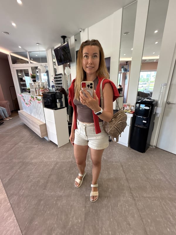 Woman documents morning routine: salon visit, cycling, waterfront selfies