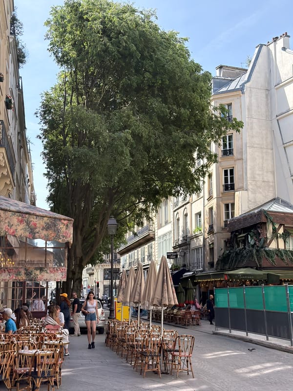 Morning café culture and bookstore browsing in central Paris