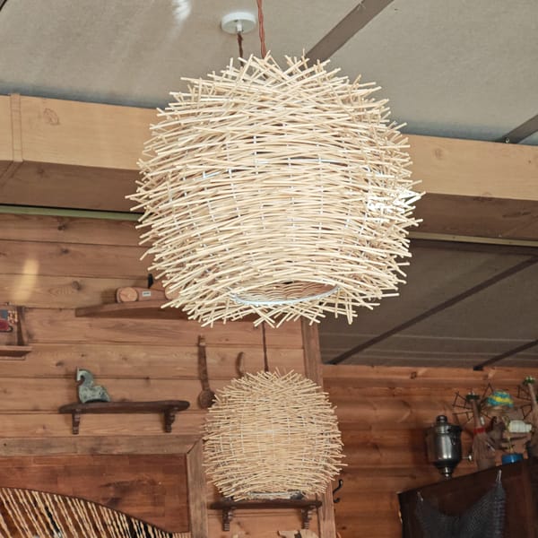 Wooden woven lampshades spotted in Russian interior