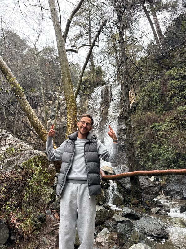 Rocky waterfall documented in wooded Pano Platres, Cyprus