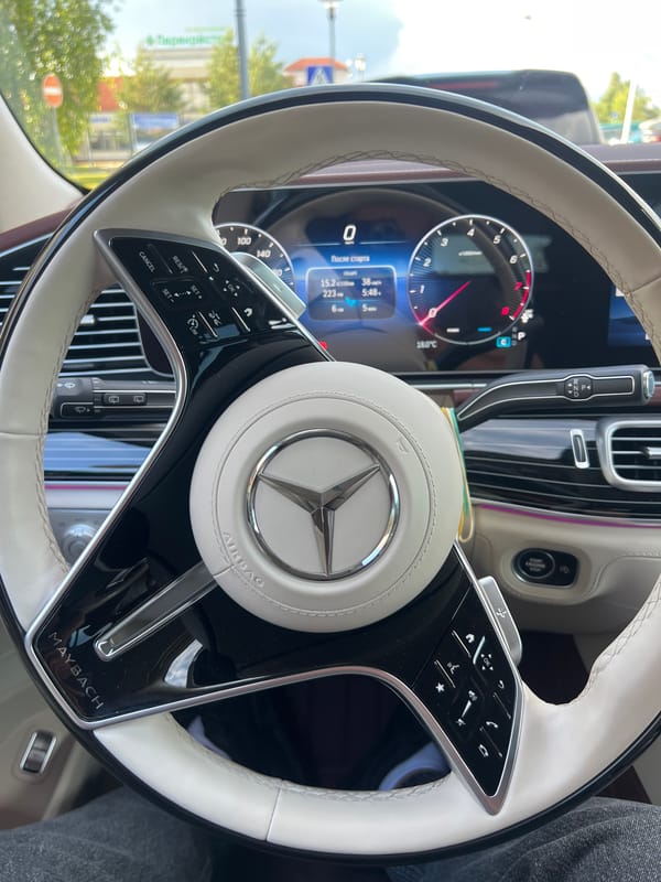 Light leather steering wheel detail inside a car near Istra