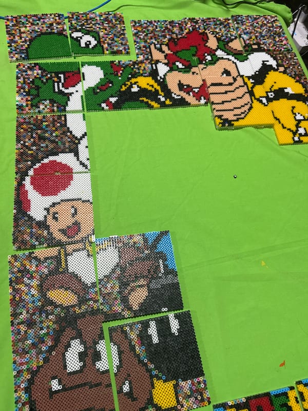 Late-night Super Mario perler bead crafting session in Puebla