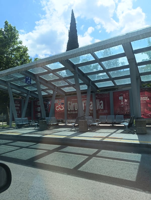 Bus stop casts geometric shadows in Burgas, Bulgaria