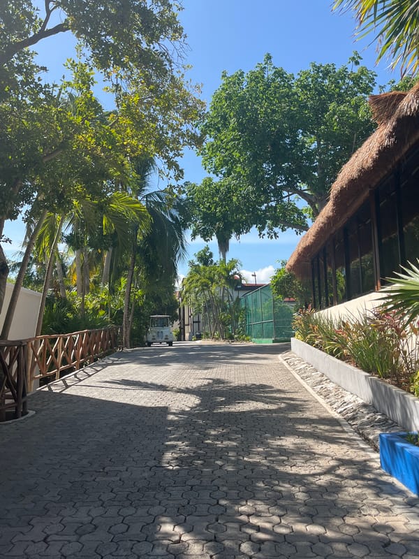 Golf cart travels tropical brick pathway in Playa del Carmen