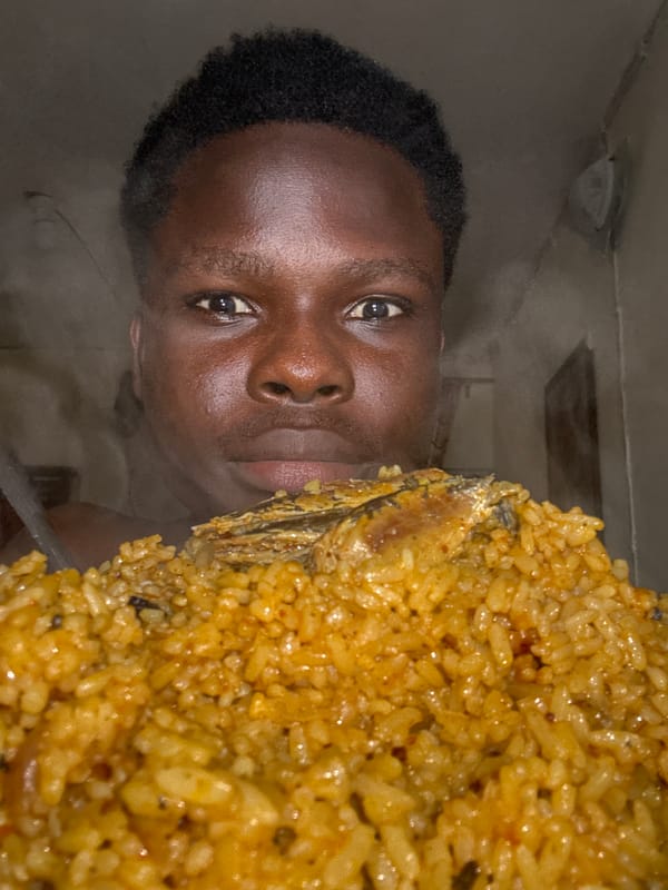 Young man cooks jollof rice, plays with mirror reflection