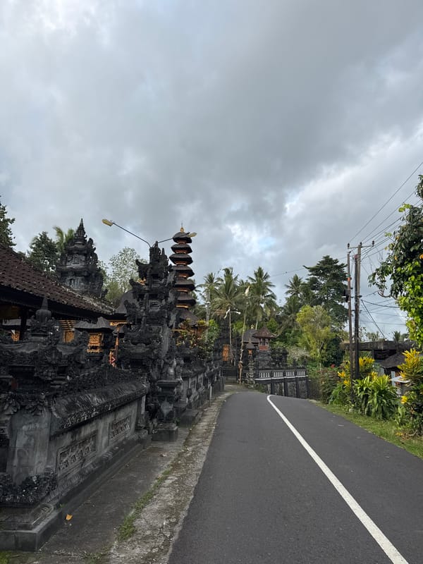 Street scene captured near temple structure in Selemadeg, Indonesia
