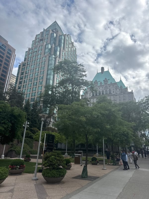 Downtown Vancouver streetscape, Granville corridor, cloudy day