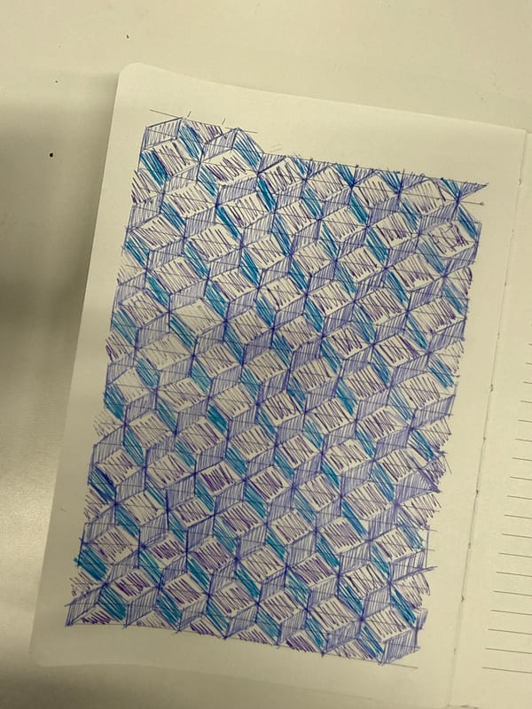 Geometric cube pattern drawn in blue ink documented Mexico City
