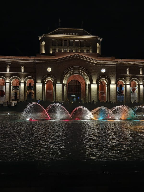 Yerevan's Republic Square lit up at night