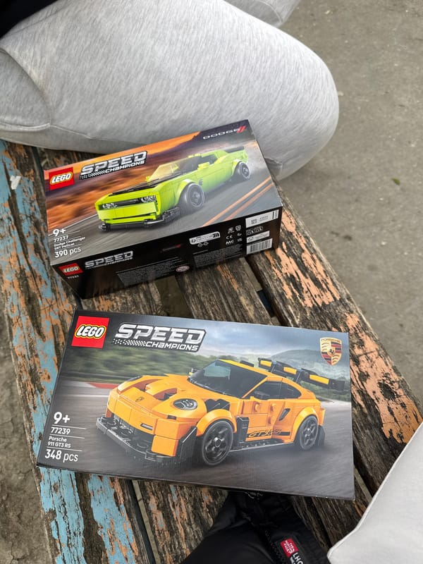 Lego car sets spotted on wooden bench in Bulgaria