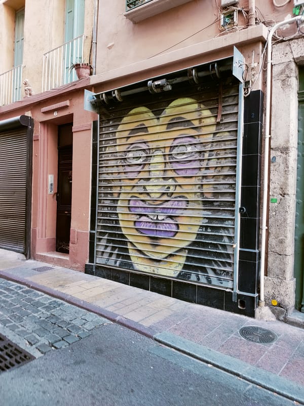 Street-level tour of Perpignan's old town on a summer afternoon