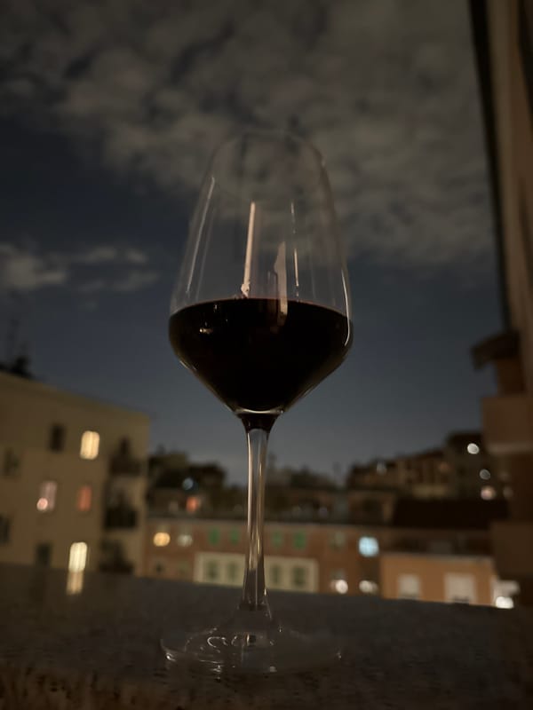 Evening wine moment captured overlooking Milan cityscape