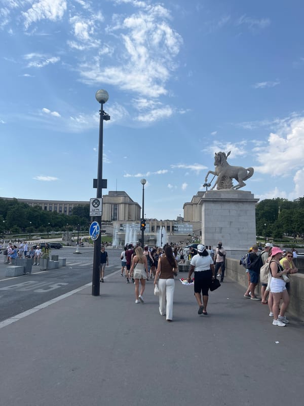 Eiffel Tower area and Seine riverfront, busy summer afternoon