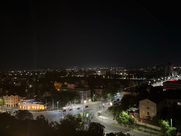 Plovdiv at night, old ruins and city lights from above