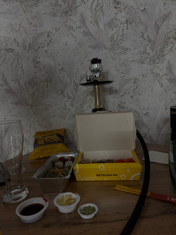 Casual sushi dinner and hookah session documented in Reshetnikovo