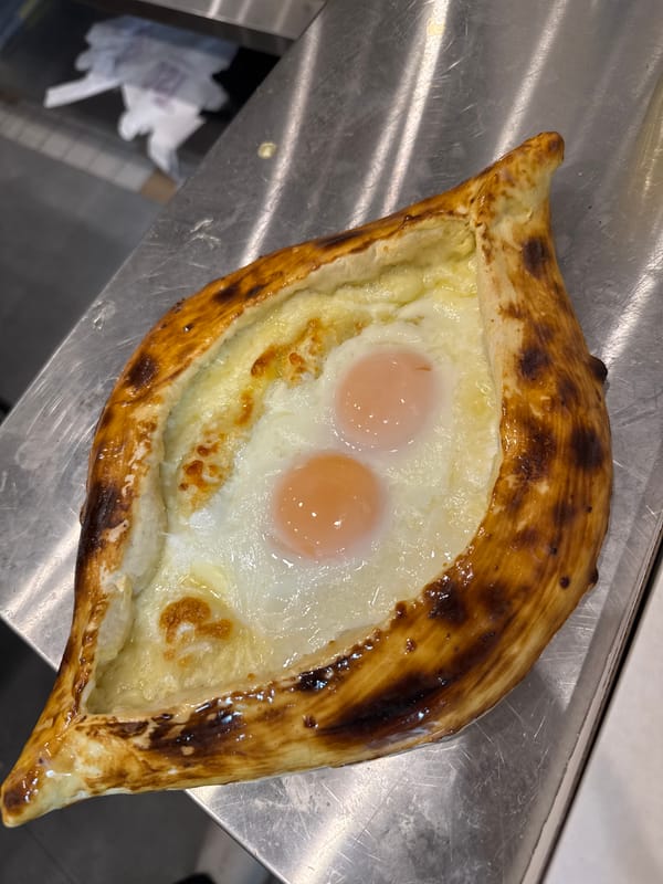 Traditional khachapuri with eggs photographed in Yerevan