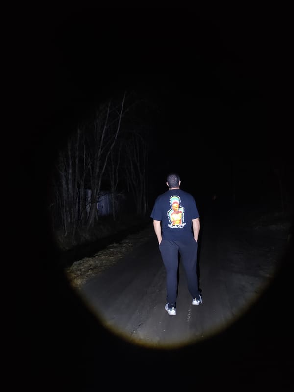 Person observed standing on road in wooded area at night