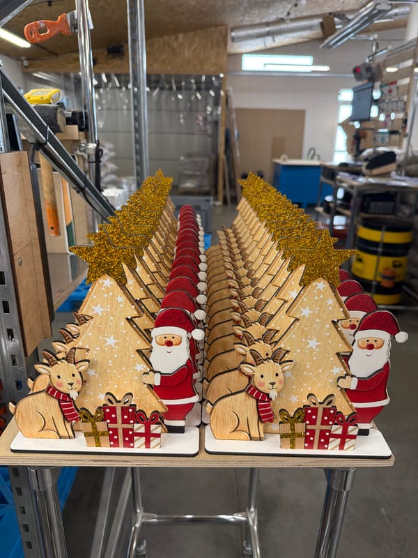 Warehouse session reviewing decorative cutouts across holiday and folk themes