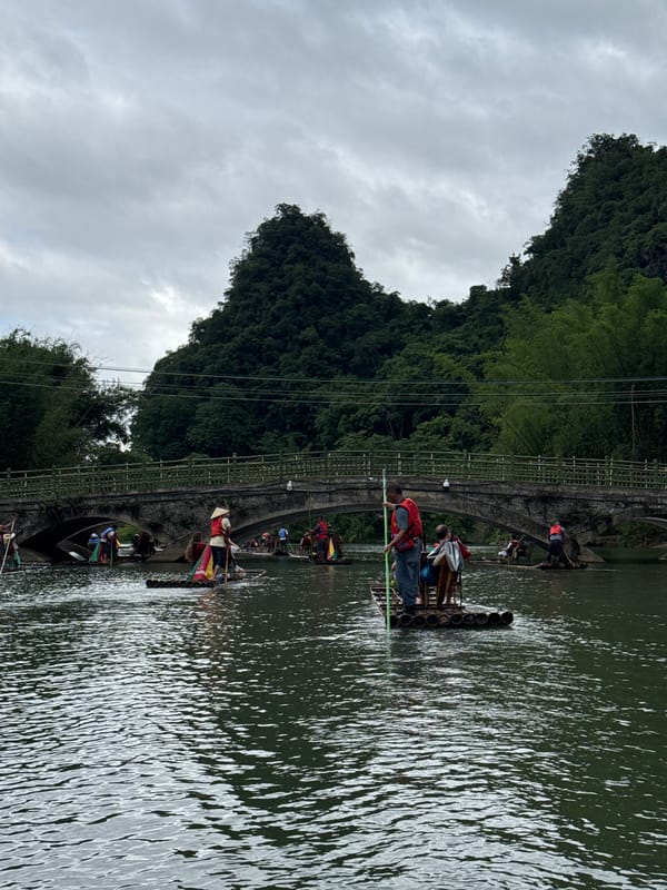 Tourist rafts operate on Yulong River in Guilin