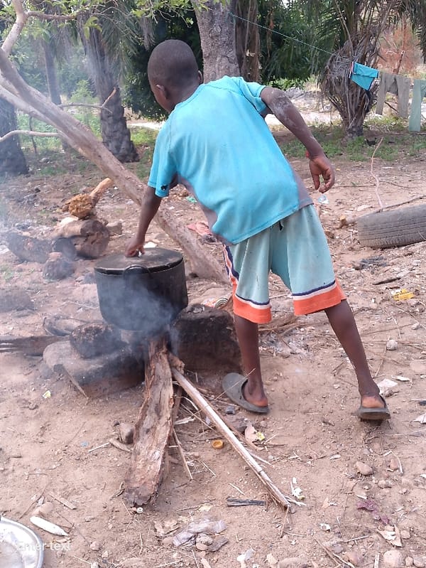 Person cooks meal over makeshift outdoor fire