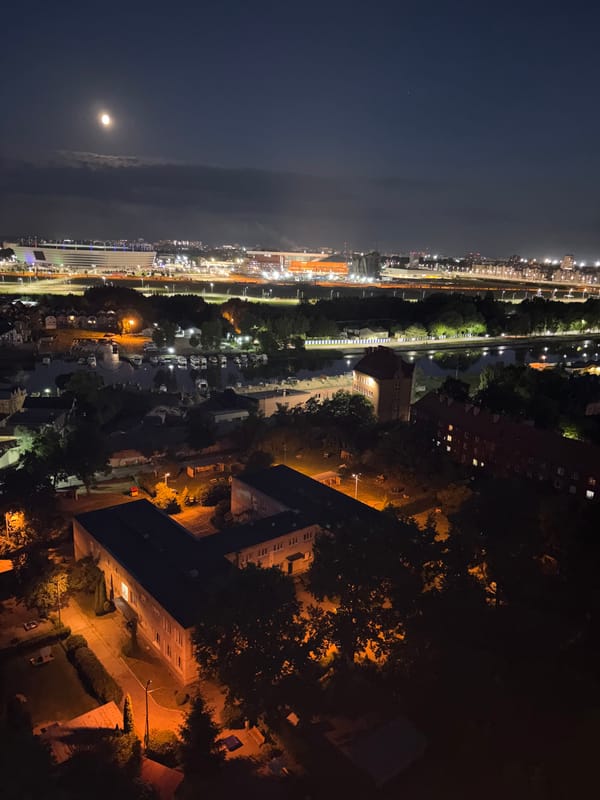 Kaliningrad at night, moonlit and glowing from above