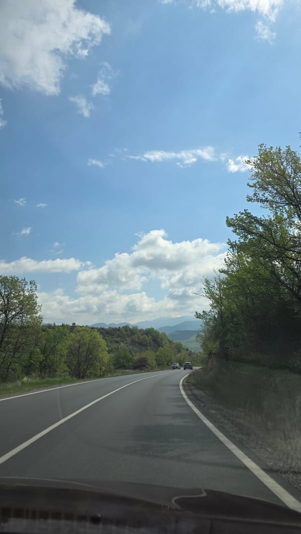 Wet road with vehicles observed in green Bulgarian countryside
