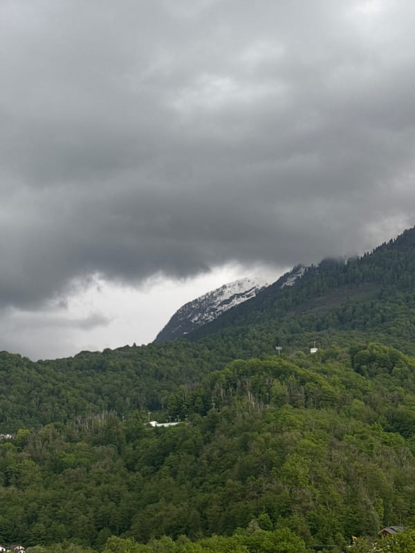 Overcast skies captured over forested mountains in Krasnaya Polyana