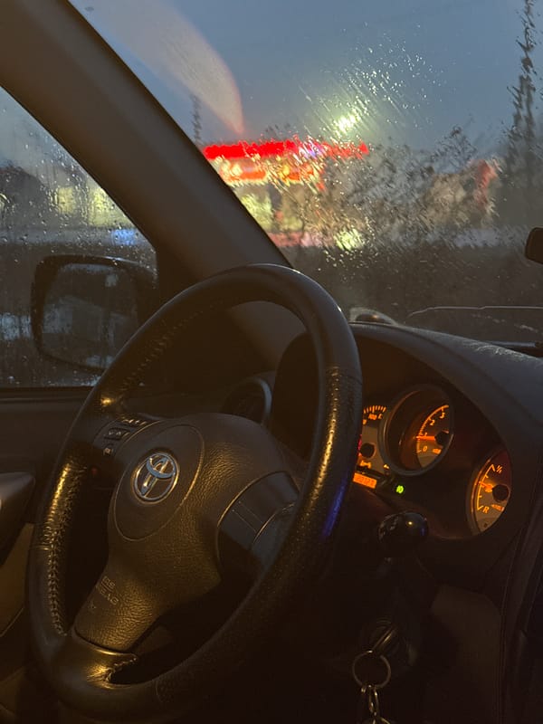Driver documents rainy journey through rural Yazlova, Russia