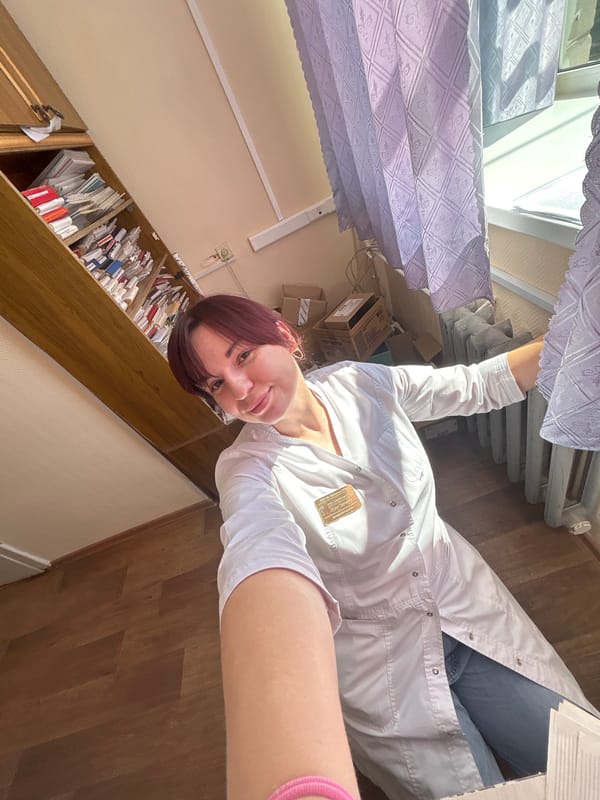 Clinic selfie in a white lab coat, Foki, Russia