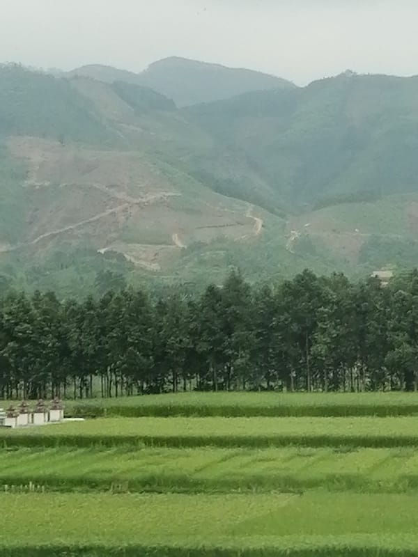 Peaceful rural landscape observed under hazy skies in Chau Que