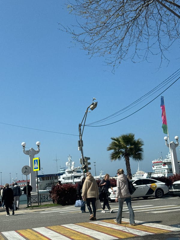 Clear morning captures everyday street life in Sochi waterfront