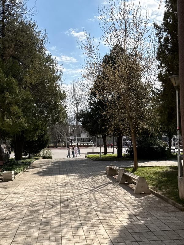 Pedestrians walk tree-lined path near basketball court in Montana, Bulgaria