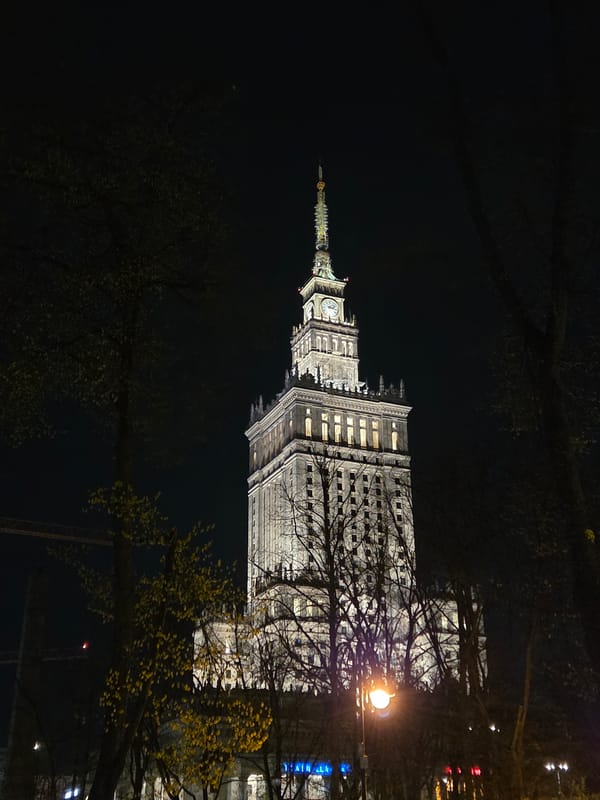Nighttime scenes captured around Warsaw's Palace of Culture
